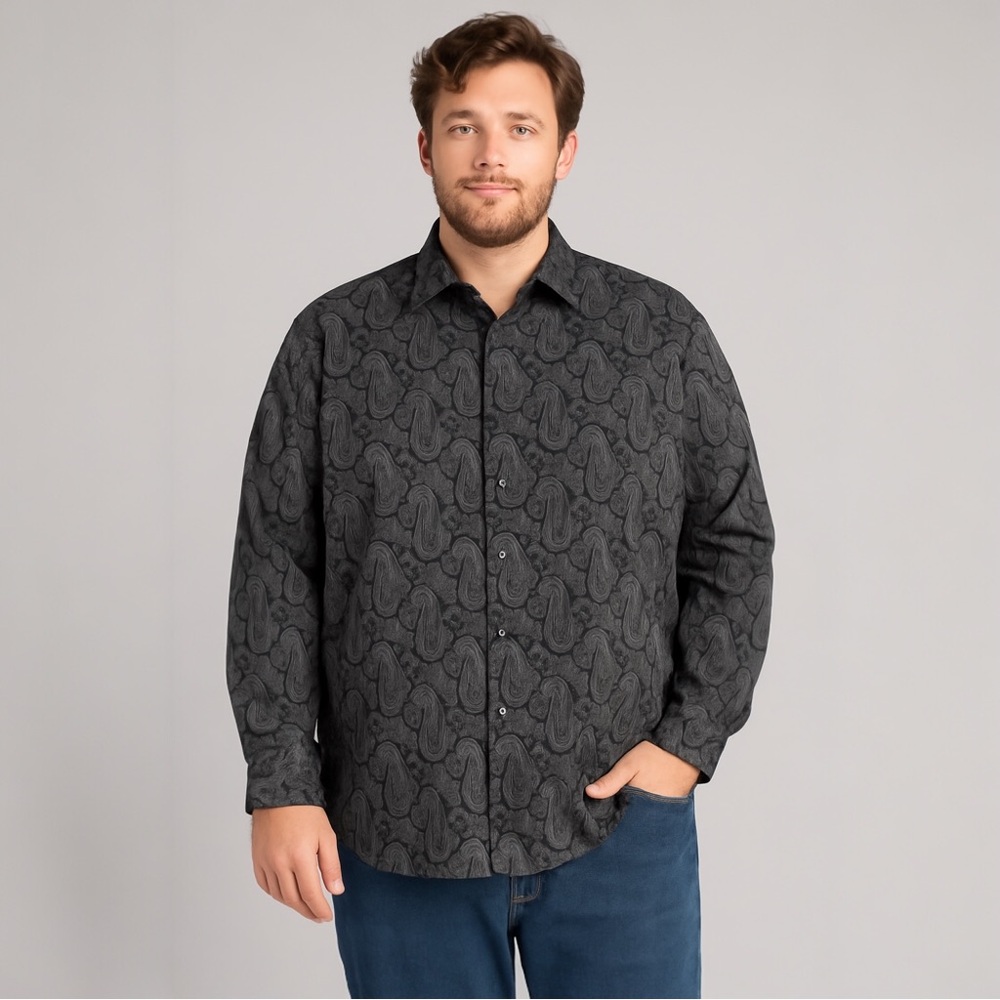 AXIST Men's XXL‎ Black Paisley Stretch Button-Up Long Sleeve Dress Shirt